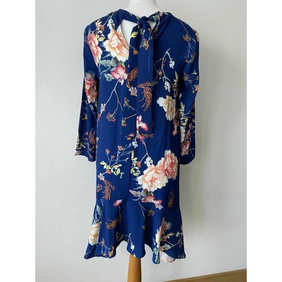 River Island Navy Blue Floral Long Sleeve Dress Size 10 Neck Hollow Bow Tie Back - Picture 6 of 9